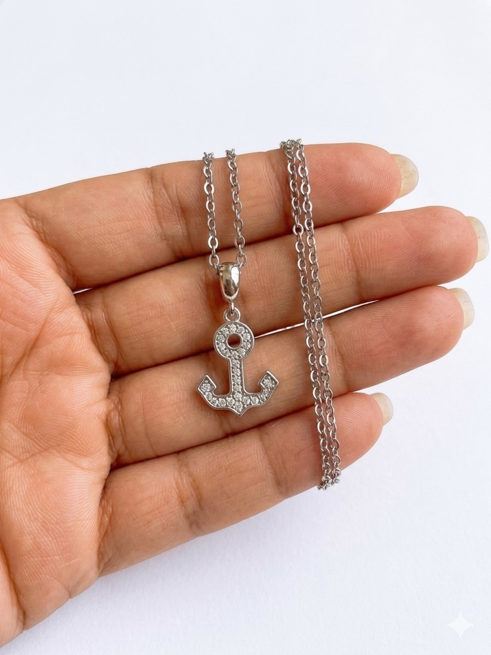 Stainless Steel Anchor Pendant Necklace with Cubic Zirconia - Silver